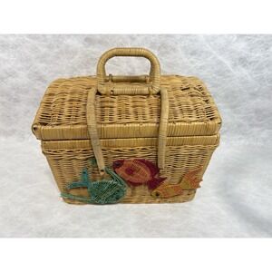 Vintage Wicker Picnic Basket‎ Tropical Fish Embroidery Lined Ocean Print 14x9x10